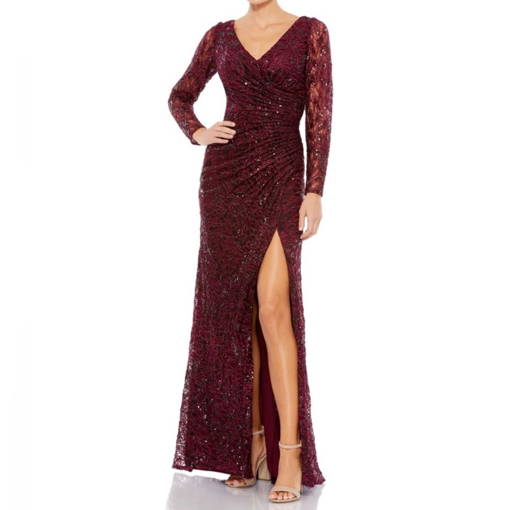 Mac Duggal Embellished Embroidered Long Sleeve Ruched Sequined V-Neck Gown